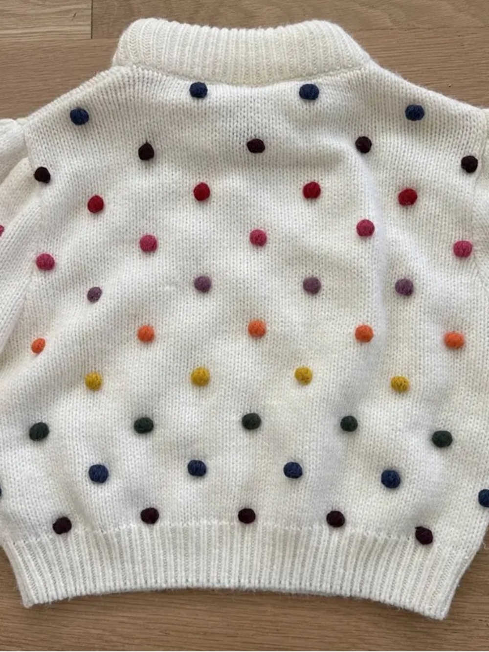 White Polka Dot Knit Sweater - Multicolor Pom Detail - Picture 2 of 4